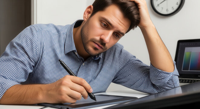 A stressed professional man sitting at a modern office desk, holding a pen while looking frustrated and deep in thought with a digital tablet and laptop displaying a colorful screen in.