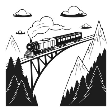 Classic steam locomotive train traveling on a high bridge across alpine mountains and pine forests