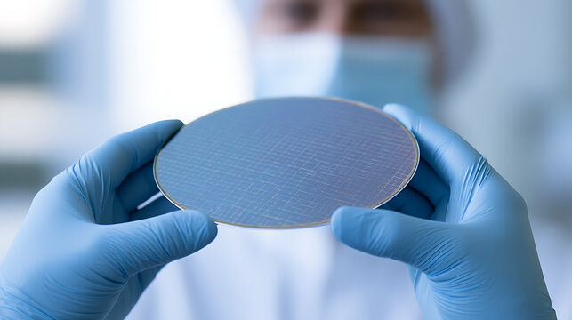 A cleanroom technician in protective gear inspects a silicon wafer disk for semiconductor manufacturing in modern industrial laboratory