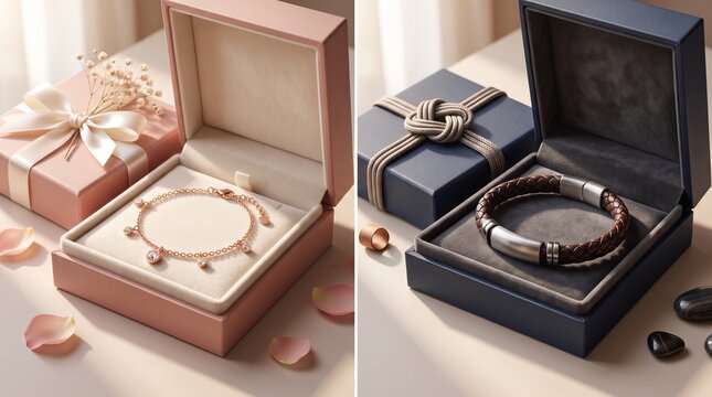 Elegant jewelry gift boxes for men and women, pink gold charm bracelet and leather wristband in velvet cases, luxury anniversary presents