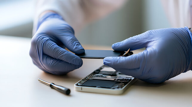 Technician in blue protective gloves repair broken mobile phone device with small screwdriver tool in modern electronics service center room
