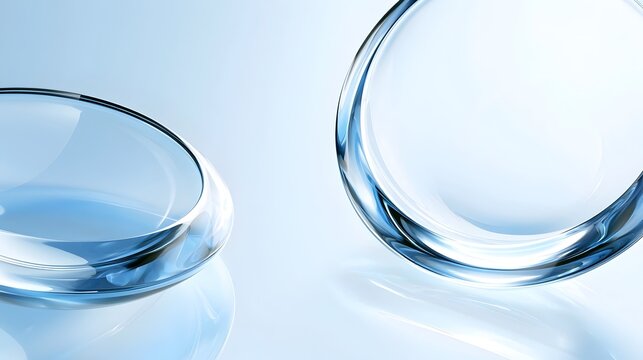 white background blue plastic discs on light background. Abstract glass curved 3D shapes, contact lenses. Glossy clear futuristic design for tech presentation, medical science projects.