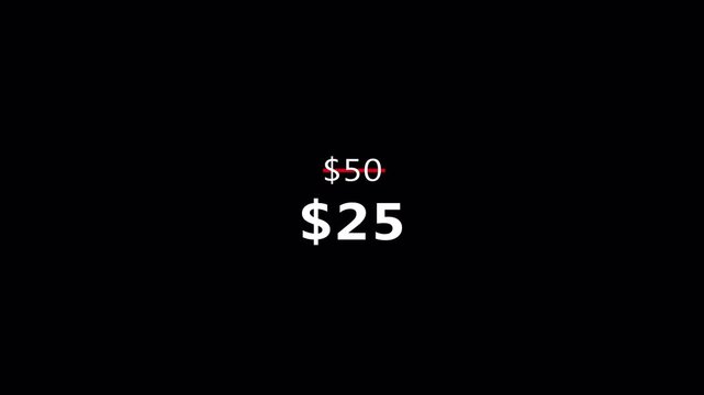 Price drop animation ,old to new price on transparent background in 4K .$50 to $25 price drop animation with Alpha Channel