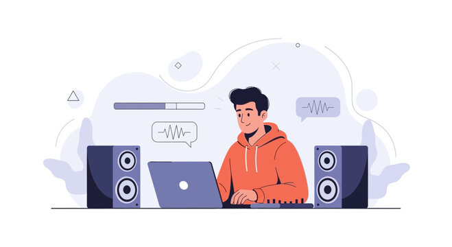 Young Man Creating Music with Laptop, Speakers, and MIDI Controller, Vector Illustration