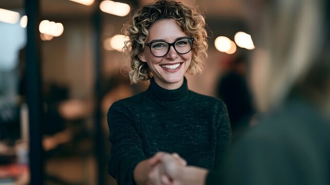 Woman in glasses shaking hands with unseen person, celebrating a successful business deal, partnership, or collaboration in an office