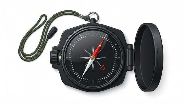 Realistic black magnetic compass with a green lanyard, a classic navigation tool for hiking, camping, and outdoor exploration, isolated on white background