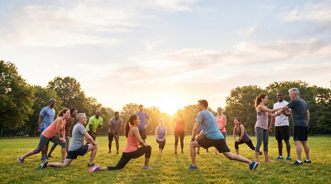 Group of People Stretching Together in Park at Sunrise