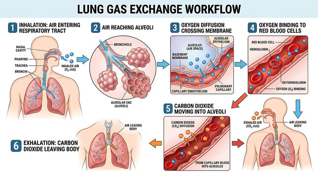 Lung Gas Exchange Workflow Diagram: Inhalation, Alveoli, Oxygen Diffusion, Red Blood Cells, Carbon Dioxide Exhalation, Respiratory System Anatomy