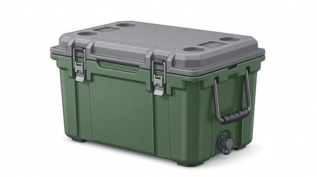 Green plastic cooler box with grey lid and metal latches isolated on white background