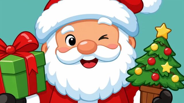 Cheerful cartoon santa holding a wrapped gift and a decorated christmas tree, winking with a big white beard on a teal background, festive holiday illustration.