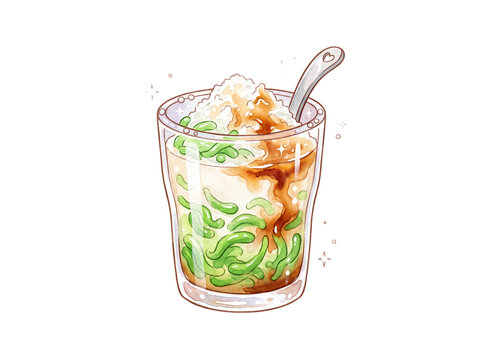 Cute Watercolor Illustration of Traditional Indonesian Cendol Drink