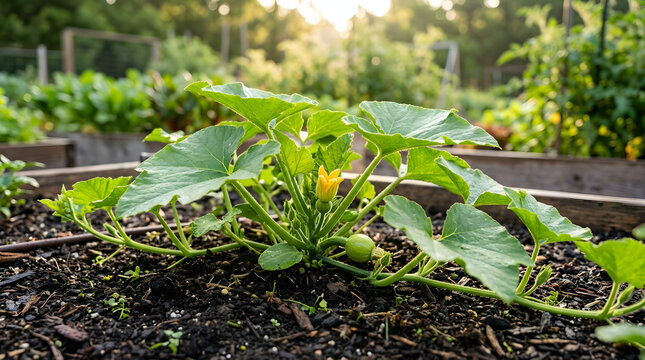 Illustration of a pumpkin plant growing in soil for gardening and agriculture