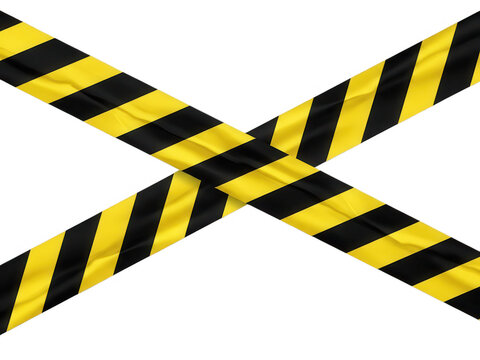 Yellow and black striped caution tape crossed to form an x symbol isolated on transparent background