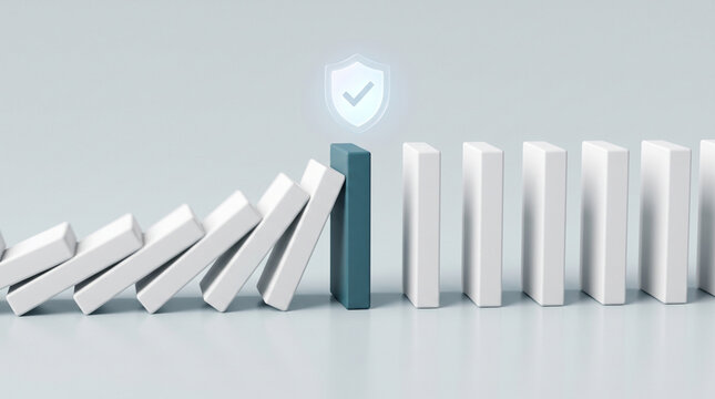Risk management and business continuity strategy concept showing shield icon stopping falling domino effect for corporate protection