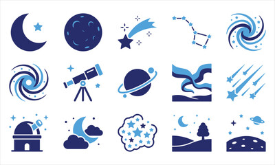 Set of astronomy and space icons, moon, stars, galaxy, telescope, planet, comet, vector illustration © Misu