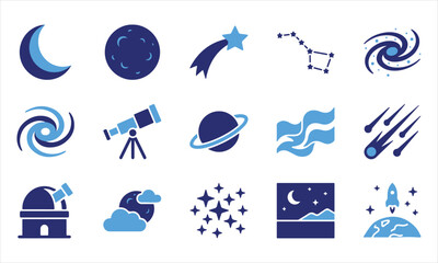 Set of astronomy and space icons, moon, stars, galaxy, telescope, planet, comet, vector illustration © Misu