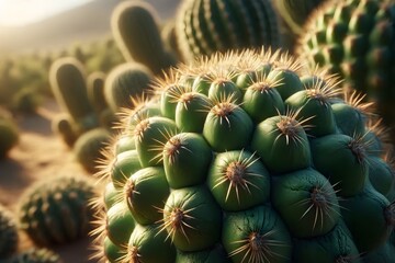Obraz premium Desert cactus with dense sharp spines glowing in a bright sandy wilderness landscape.