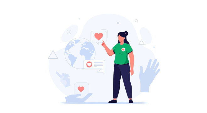 Global volunteer helping hand with hearts and earth illustration. Concept of charity, support, community, and international aid.