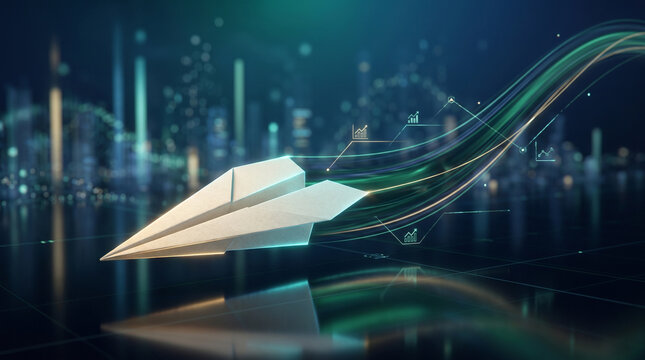 Financial growth trajectory featuring a paper airplane launching with glowing business analytics charts and data lines