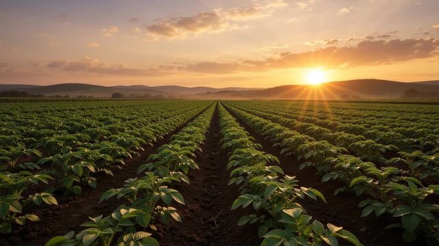 Expansive agricultural landscape of neat rows of healthy green potato plants in dark soil, rolling hills under spectacular sunset.