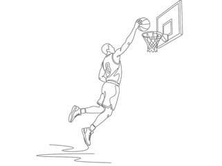 Continuous line drawing of a basketball player performing a slam dunk during a game. © Biya