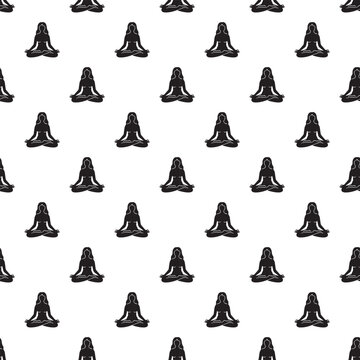 Woman Yoga Lotus Pose Seamless Pattern. Black silhouette of meditating woman repeat pattern on white background for wellness and mindfulness design.