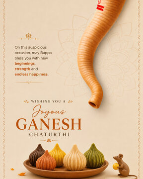 Creative Ganesh Chaturthi social media post with modak sweets and elephant trunk illustration
