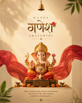 Ganesh Chaturthi social media post with creative Lord Ganesha idol and festive decor