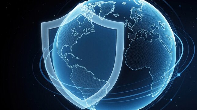 Digital earth globe with glowing blue shield icon overlay. Cyber security concept shows global data protection, network safety. Tech illustration protects world map from cyber attacks in digital