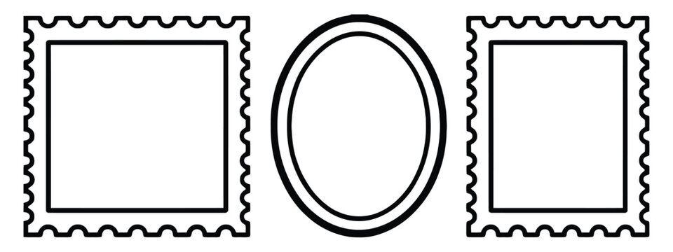 Postage stamp frames with blue perforated borders featuring rectangular square and oval shapes for stationery and postal design