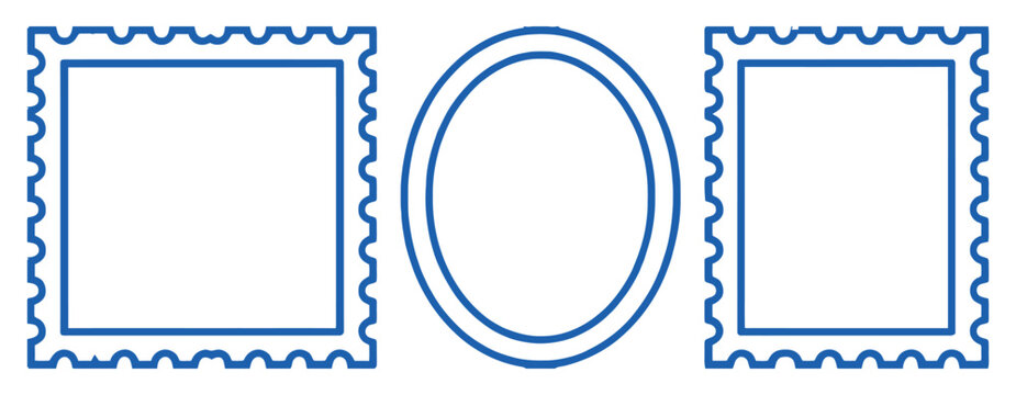Postage stamp frames featuring blue serrated edges with rectangle square and oval shapes for postal design and packaging