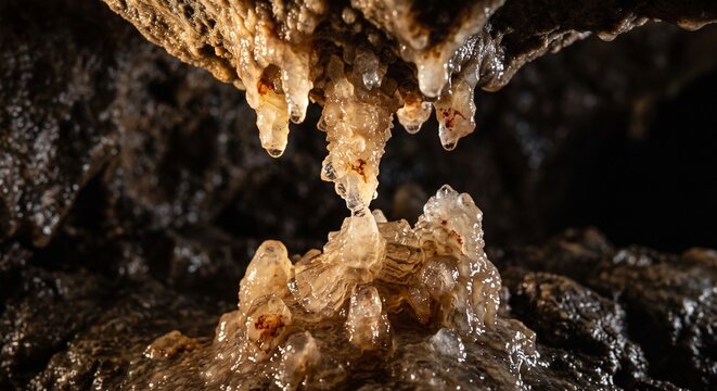 Close-up of glowing wet calcite stalactites in a dark limestone cave