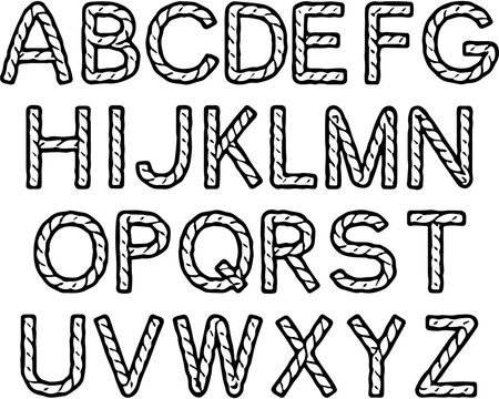 Rope alphabet vector set, nautical twisted cord font isolated on white background
