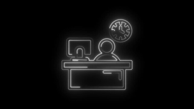 Neon glowing icon of a person at a desk with a computer and clock symbolizing work time