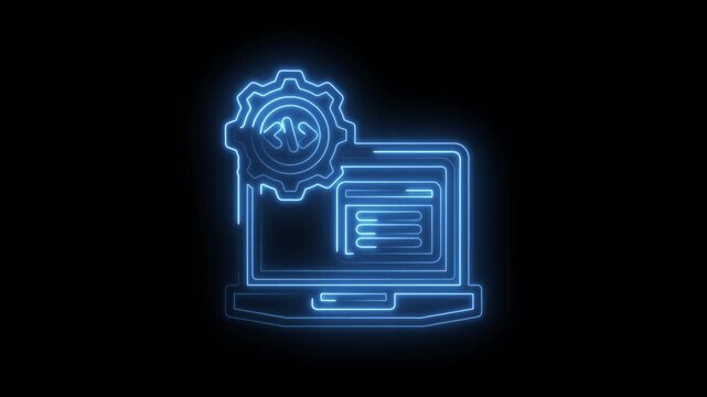 Neon blue glowing icon of a laptop with a gear and code symbol representing software development