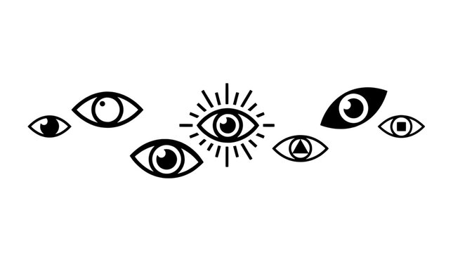 Set of abstract eye icons in various graphic styles including occult symbols and geometric shapes isolated on white background