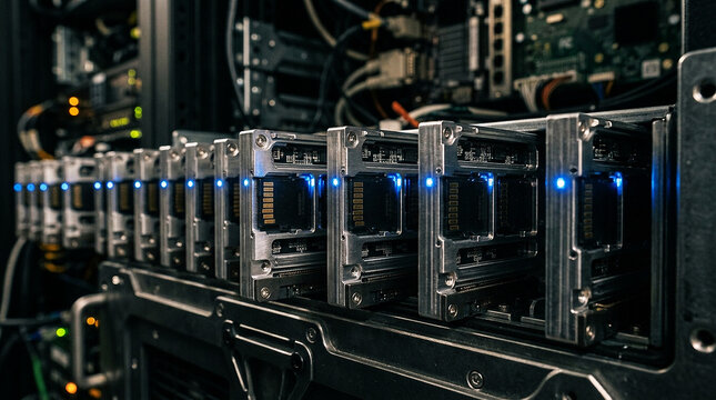 Row of Hard Drives in Data Center Server Rack with Blue LED Indicator Lights