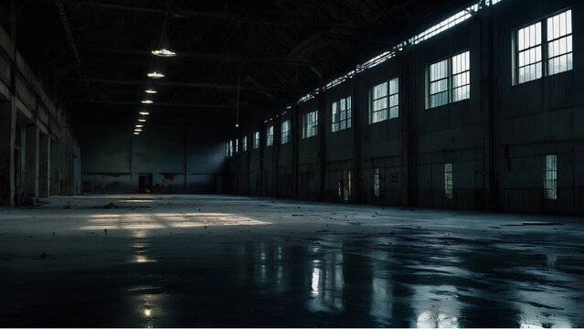 Empty dark industrial warehouse interior with glowing windows