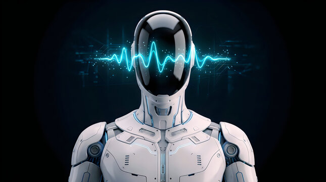 Advanced white cyborg robot with energetic blue digital voice wave projection.
