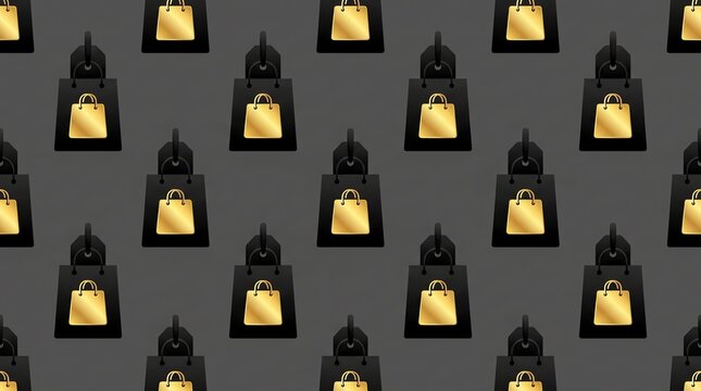 Seamless pattern featuring black shopping bags with gold accents