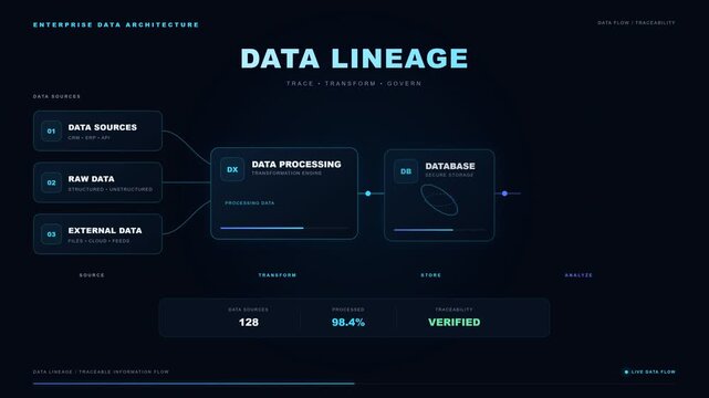 Modern digital infographic with glowing flow chart of data lineage process, concept for enterprise information architecture, business intelligence dashboard, software development report and corporate