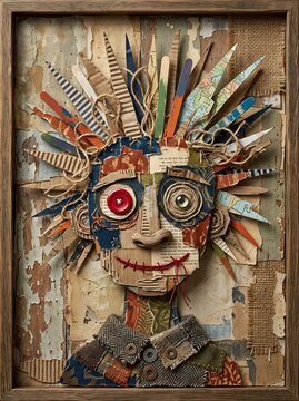 Framed mixed media collage portrait constructed from recycled paper fabric scraps buttons and twine on rustic wooden panel