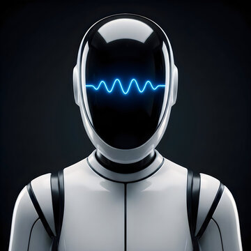 Modern white android robot with glowing blue soundwave display on screen.