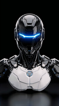 Professional portrait of elite robotic warrior wearing black and white tactical armor with glowing blue visor.