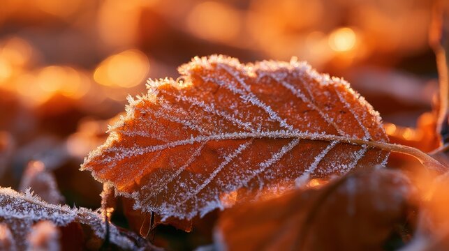 Close-up of an orange leaf covered in frost, illuminated by warm sunset light. Represents autumn and the change of seasons.