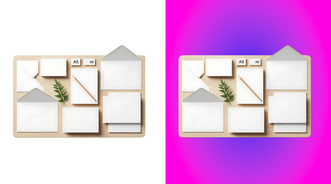 A flat lay collection of white stationery including envelopes, cards, and a pencil on a wooden board, isolated on a white background, for layout