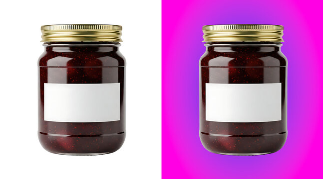 A glass jar filled with dark red fruit jam, featuring a gold metal lid and a blank white rectangular label, isolated on a white background