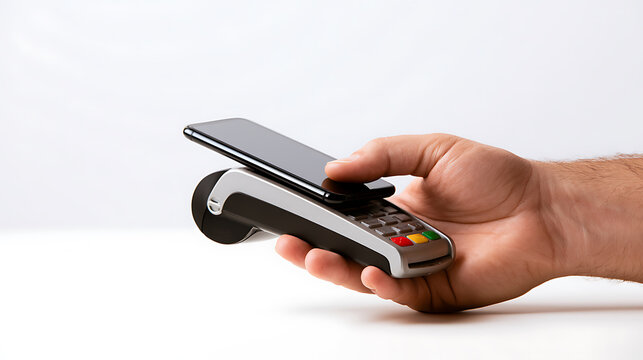 A hand hold a modern wireless payment terminal and touch it with a smartphone to complete a secure transaction in a clean studio light