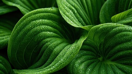 Obraz premium Macro view of lush green hosta leaves covered in morning dew. This fresh botanical background is perfect for eco-friendly design concepts.