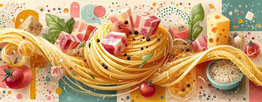 Vibrant pasta dish with various toppings and ingredients.